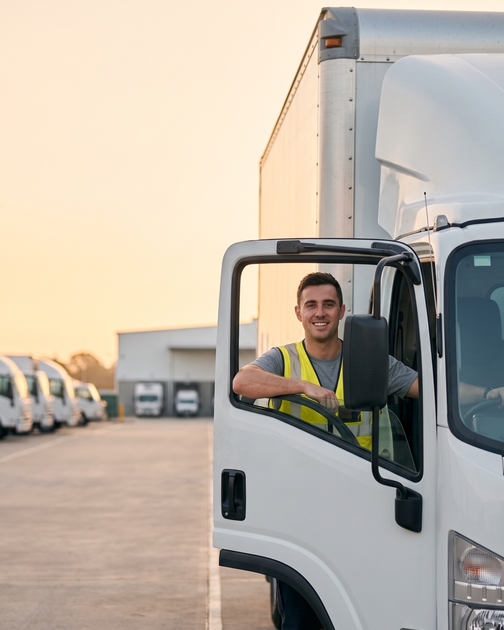 Junger LKW-Fahrer lehnt an der geöffneten Fahrertür eines Verteiler-LKW – Motiv einer Instagram-Feed-Anzeige für Berufskraftfahrer