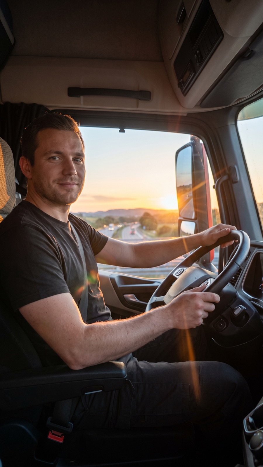 LKW-Fahrer am Steuer bei Sonnenaufgang auf der Autobahn – Motiv einer Instagram-Story-Anzeige für Berufskraftfahrer