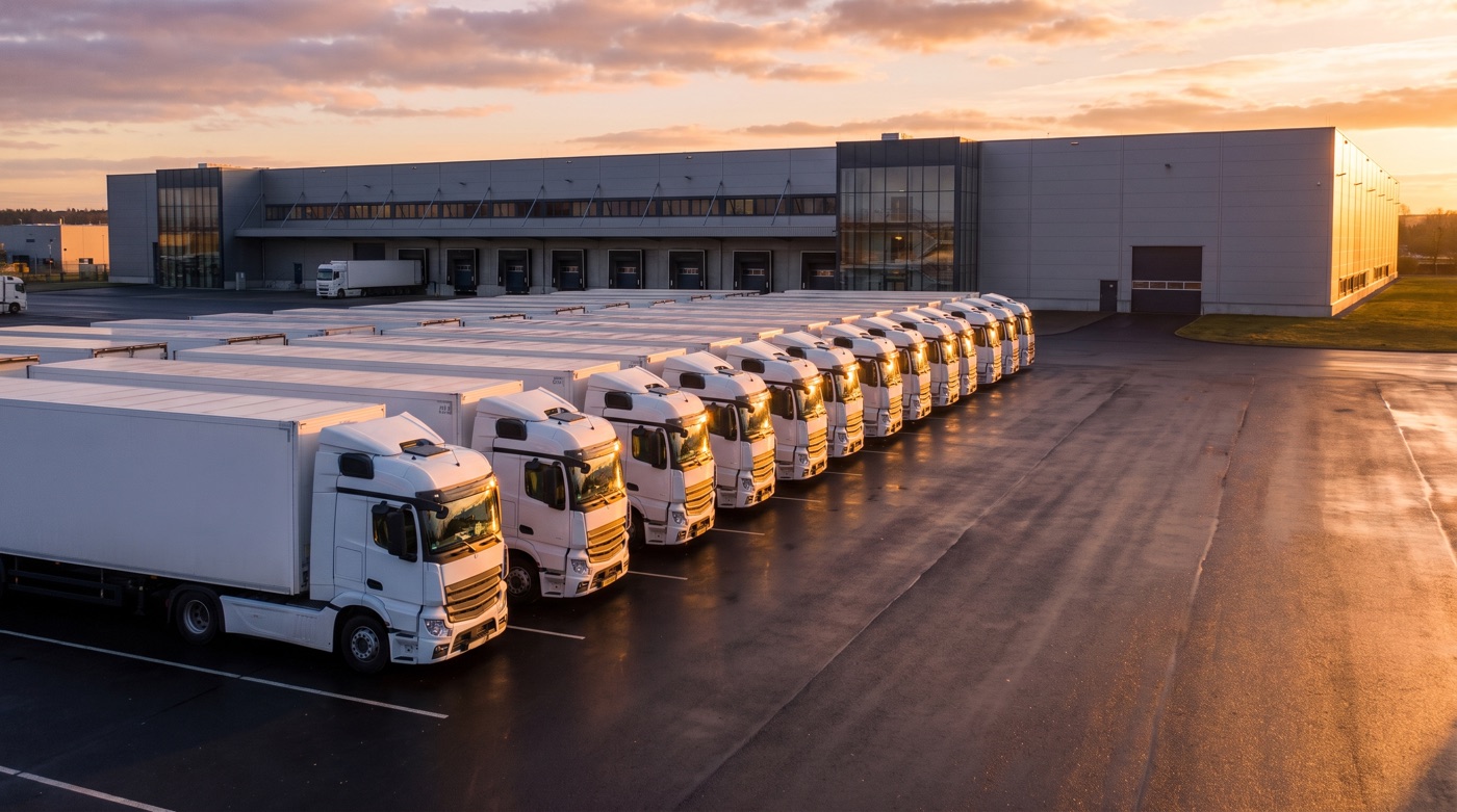 Vorschau einer Job-Landingpage mit einem Fuhrpark aus weißen Sattelzügen im Abendlicht